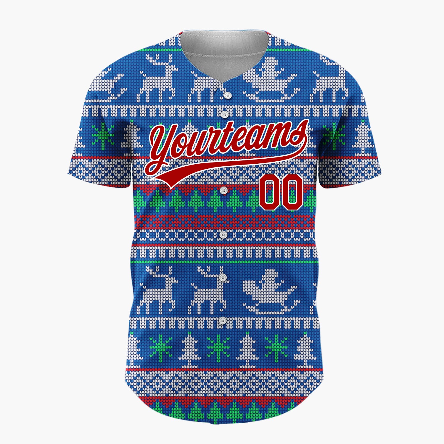 Custom Blue Green Reindeers Trees And Sleighs Knit Christmas Baseball Jersey
