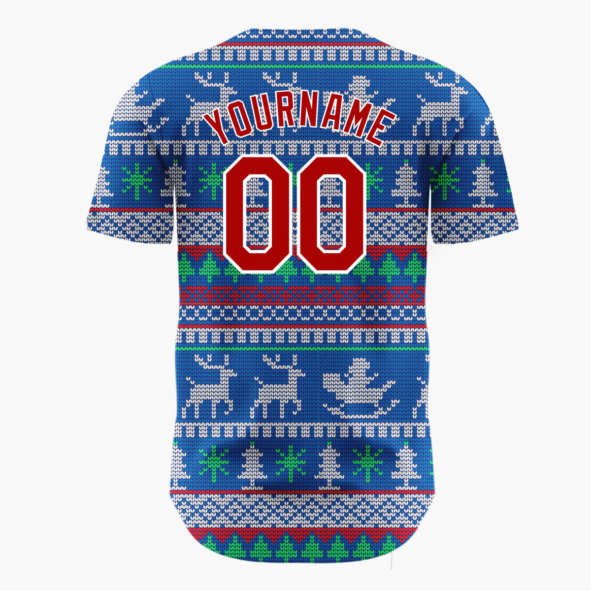 Custom Blue Green Reindeers Trees And Sleighs Knit Christmas Baseball Jersey