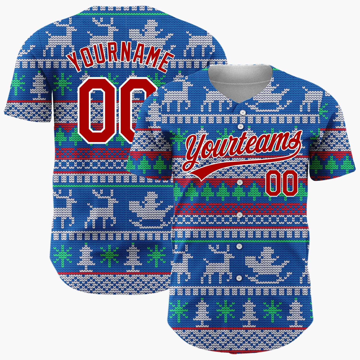 Custom Blue Green Reindeers Trees And Sleighs Knit Christmas Baseball Jersey