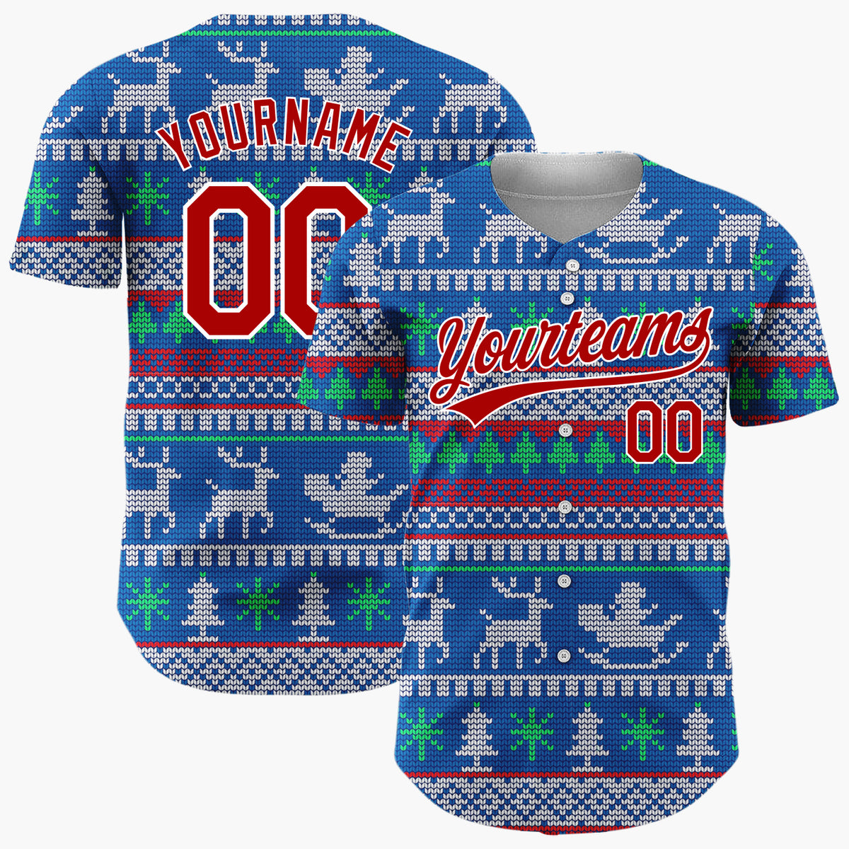 Custom Blue Green Reindeers Trees And Sleighs Knit Christmas Baseball Jersey