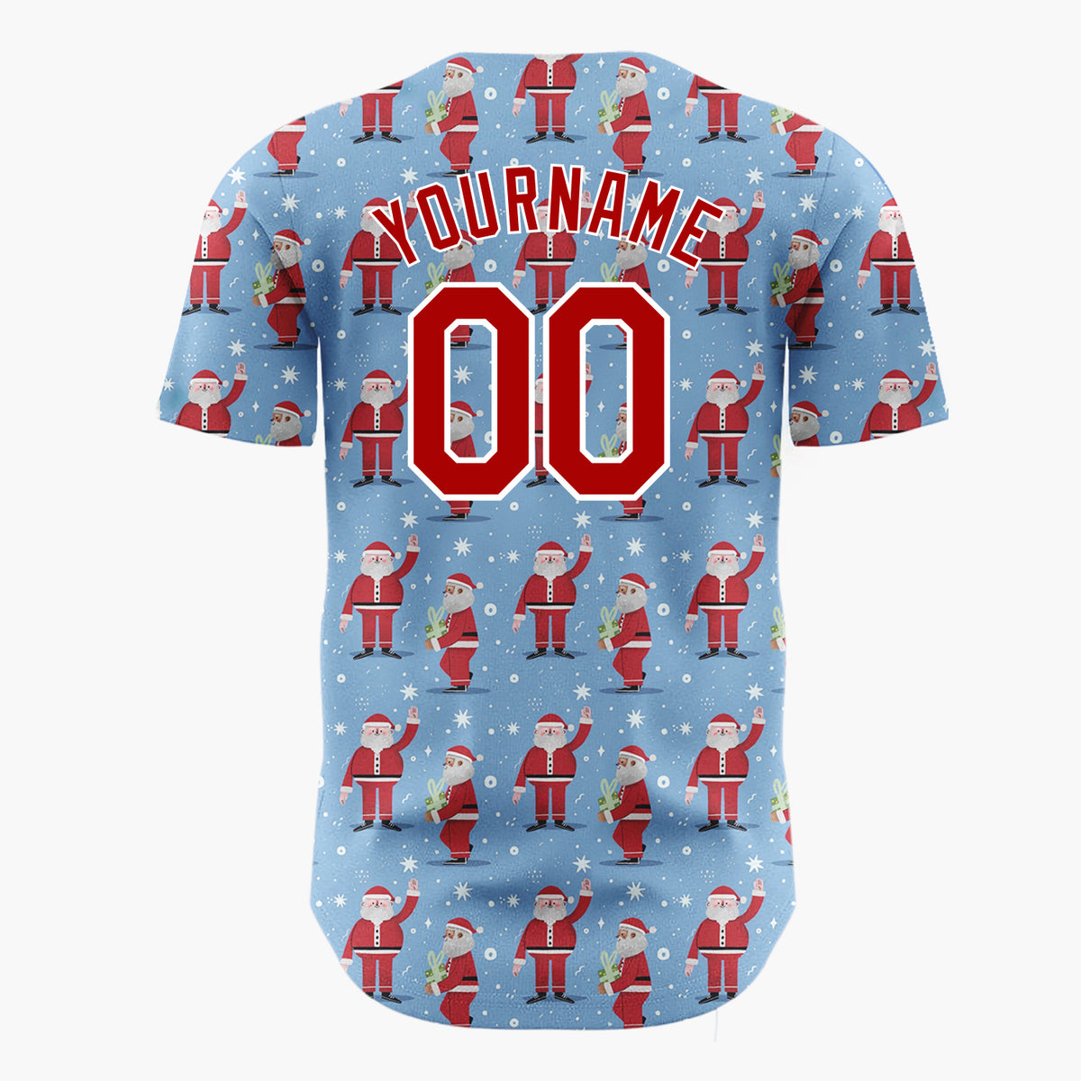 Custom Blue Red Santa Claus And Snowflakes Classic Christmas Baseball Jersey