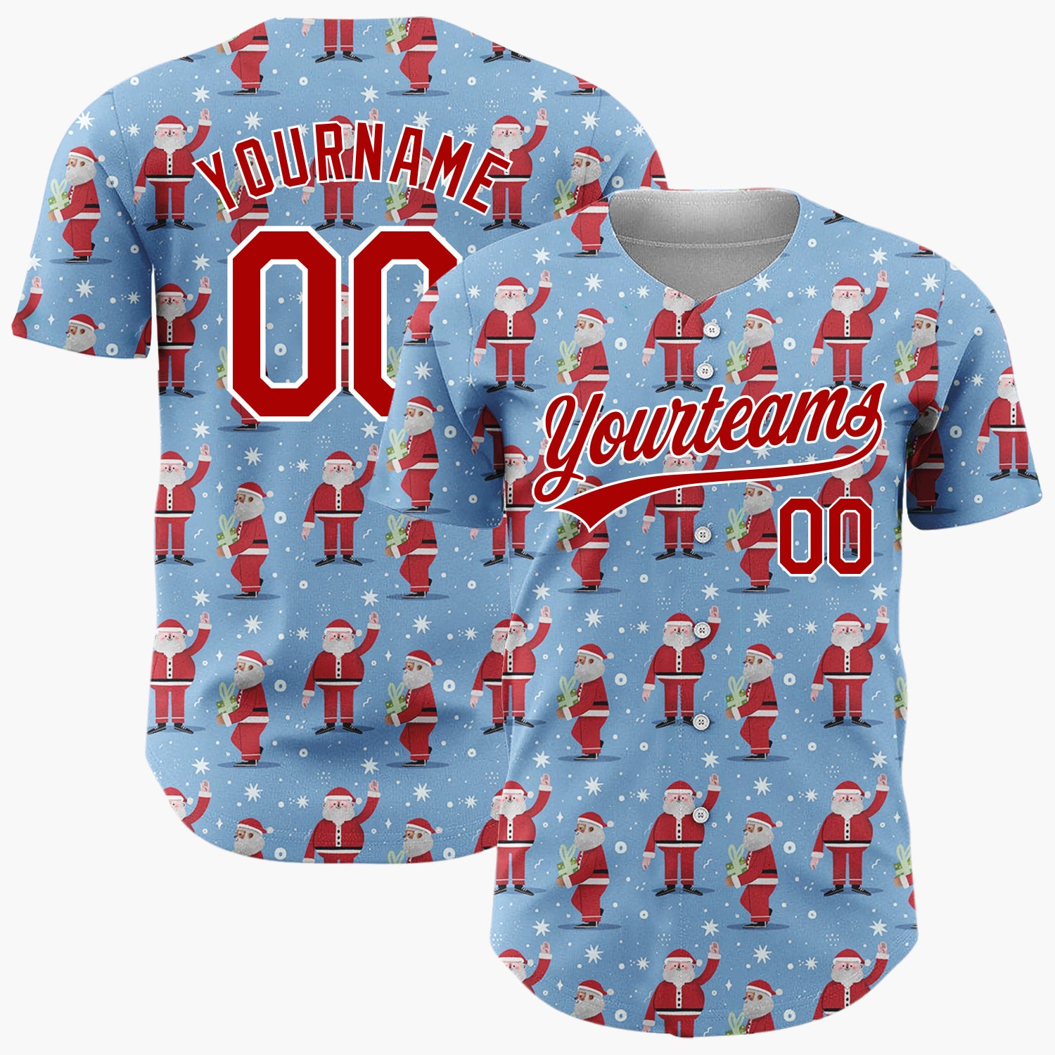 Custom Blue Red Santa Claus And Snowflakes Classic Christmas Baseball Jersey