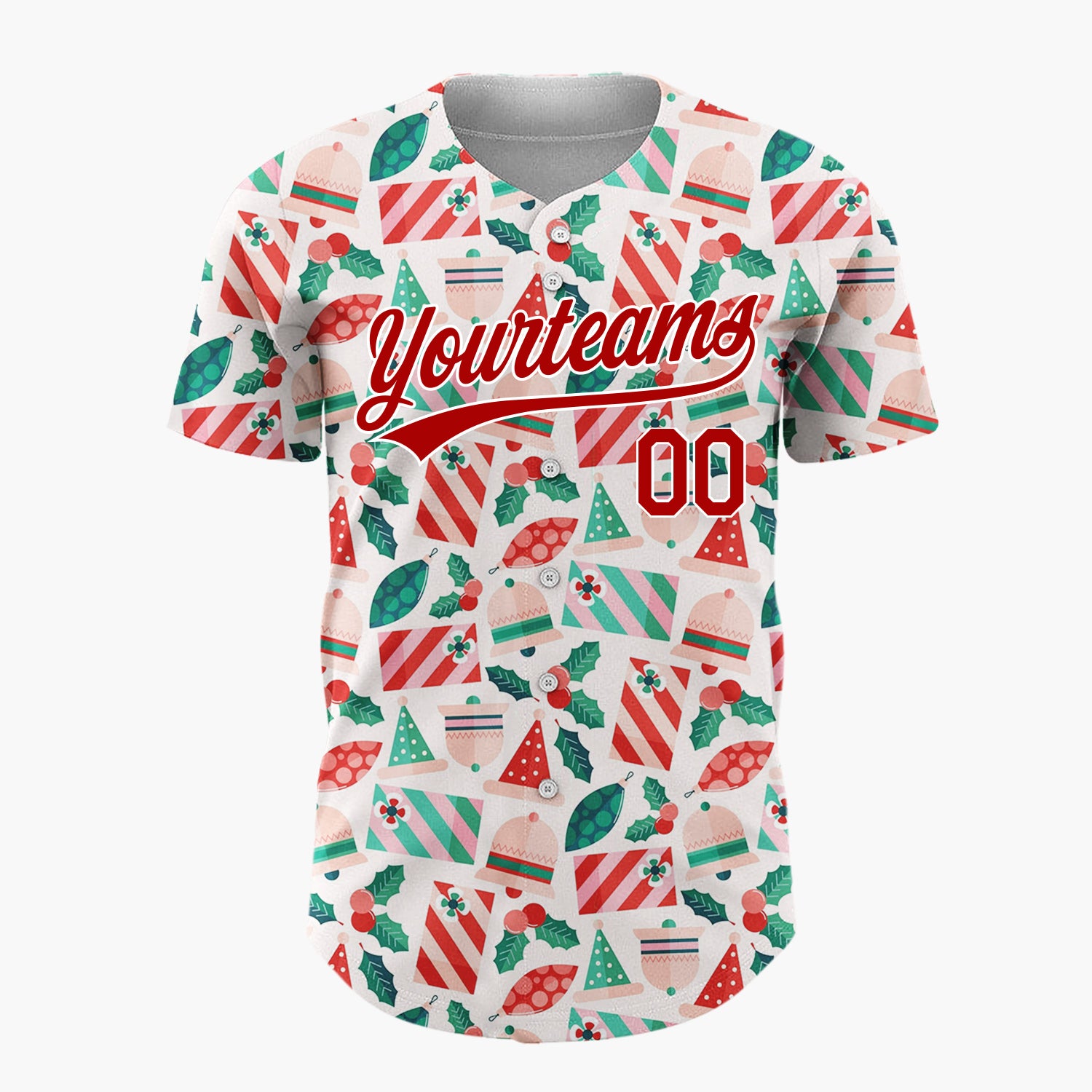 Custom Cream Red Green Santa Hats Bells And Holly Cute Christmas Baseball Jersey