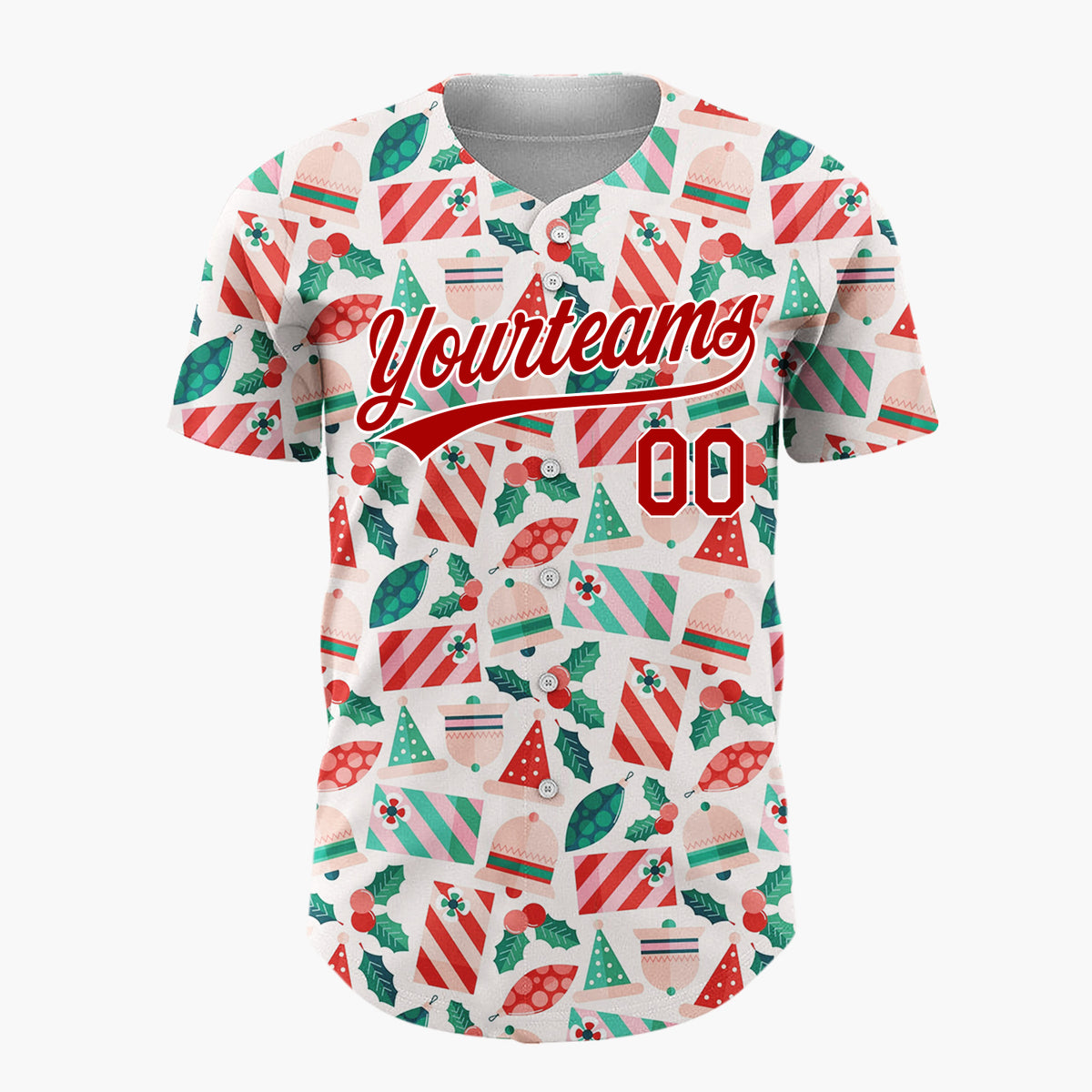 Custom Cream Red Green Santa Hats Bells And Holly Cute Christmas Baseball Jersey