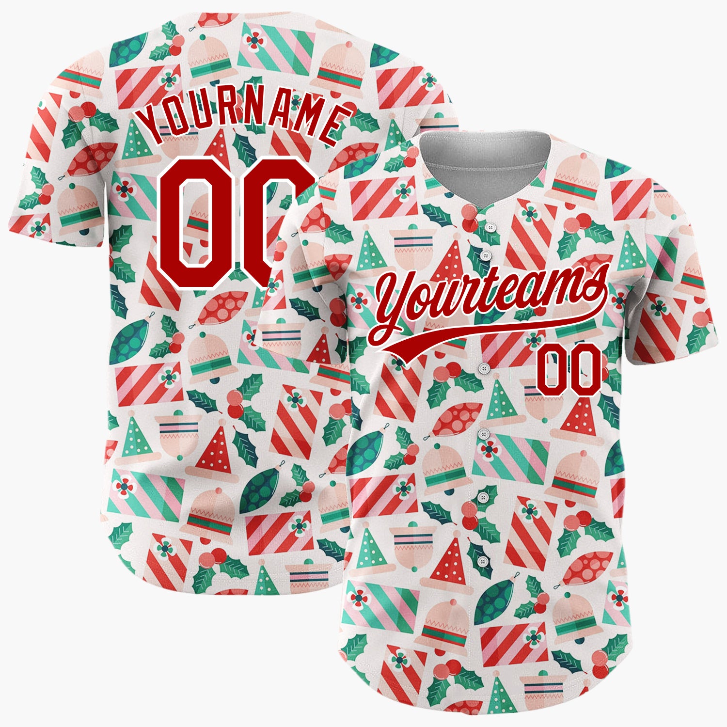 Custom Cream Red Green Santa Hats Bells And Holly Cute Christmas Baseball Jersey