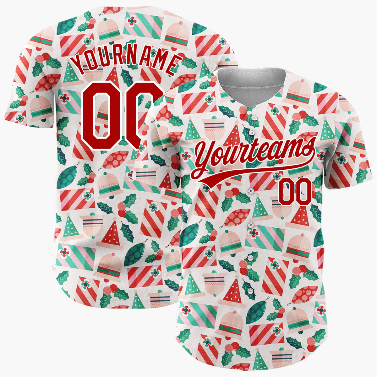 Custom Cream Red Green Santa Hats Bells And Holly Cute Christmas Baseball Jersey