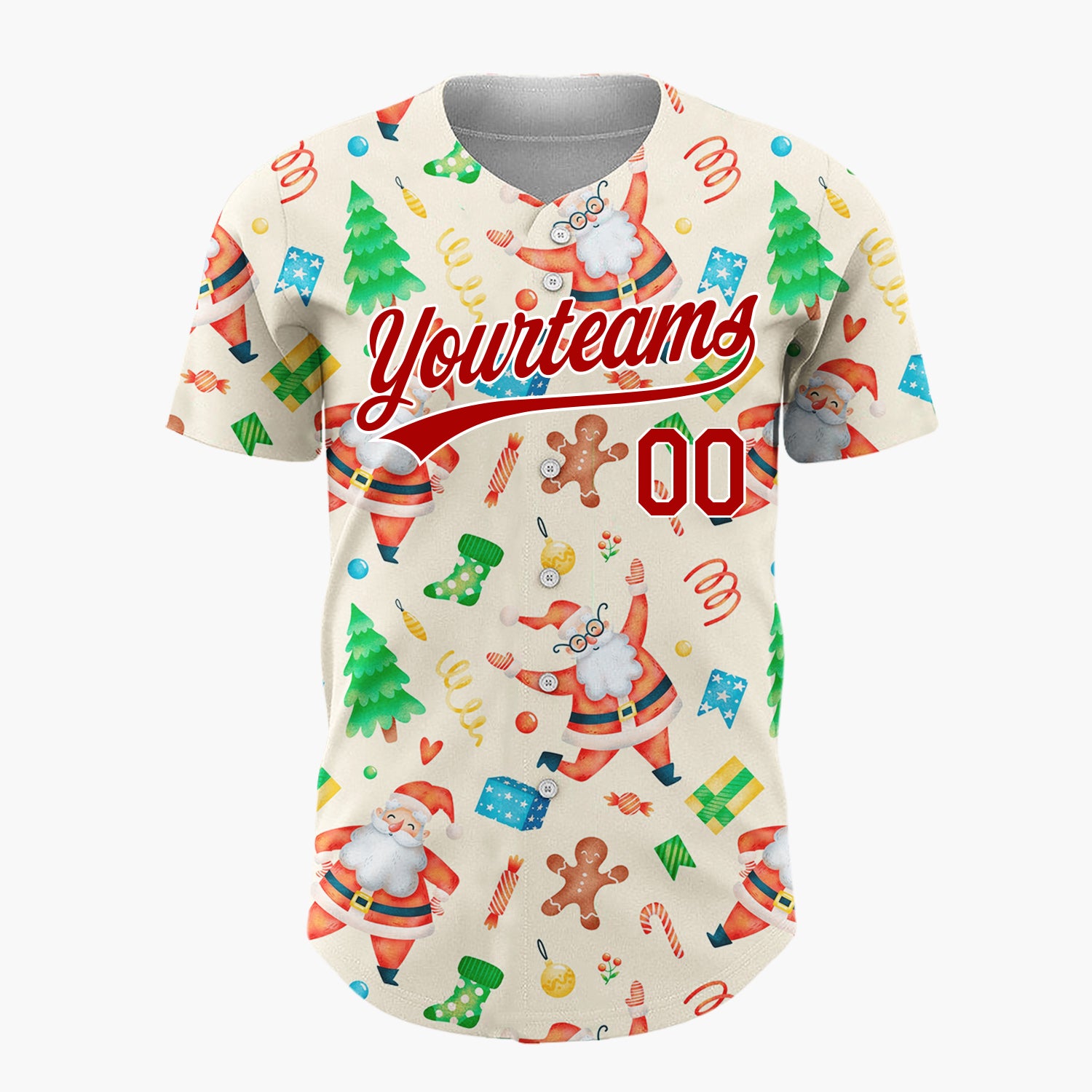 Custom Cream Santa Gingerbread And Tree Watercolor Cartoon Pattern Christmas Baseball Jersey