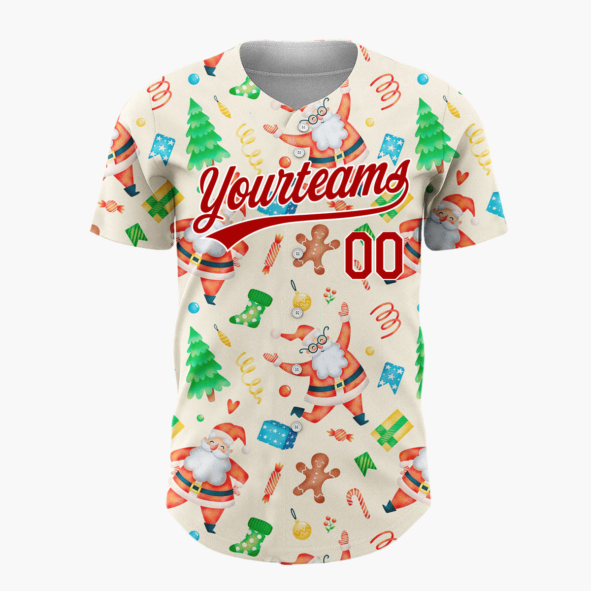 Custom Cream Santa Gingerbread And Tree Watercolor Cartoon Pattern Christmas Baseball Jersey