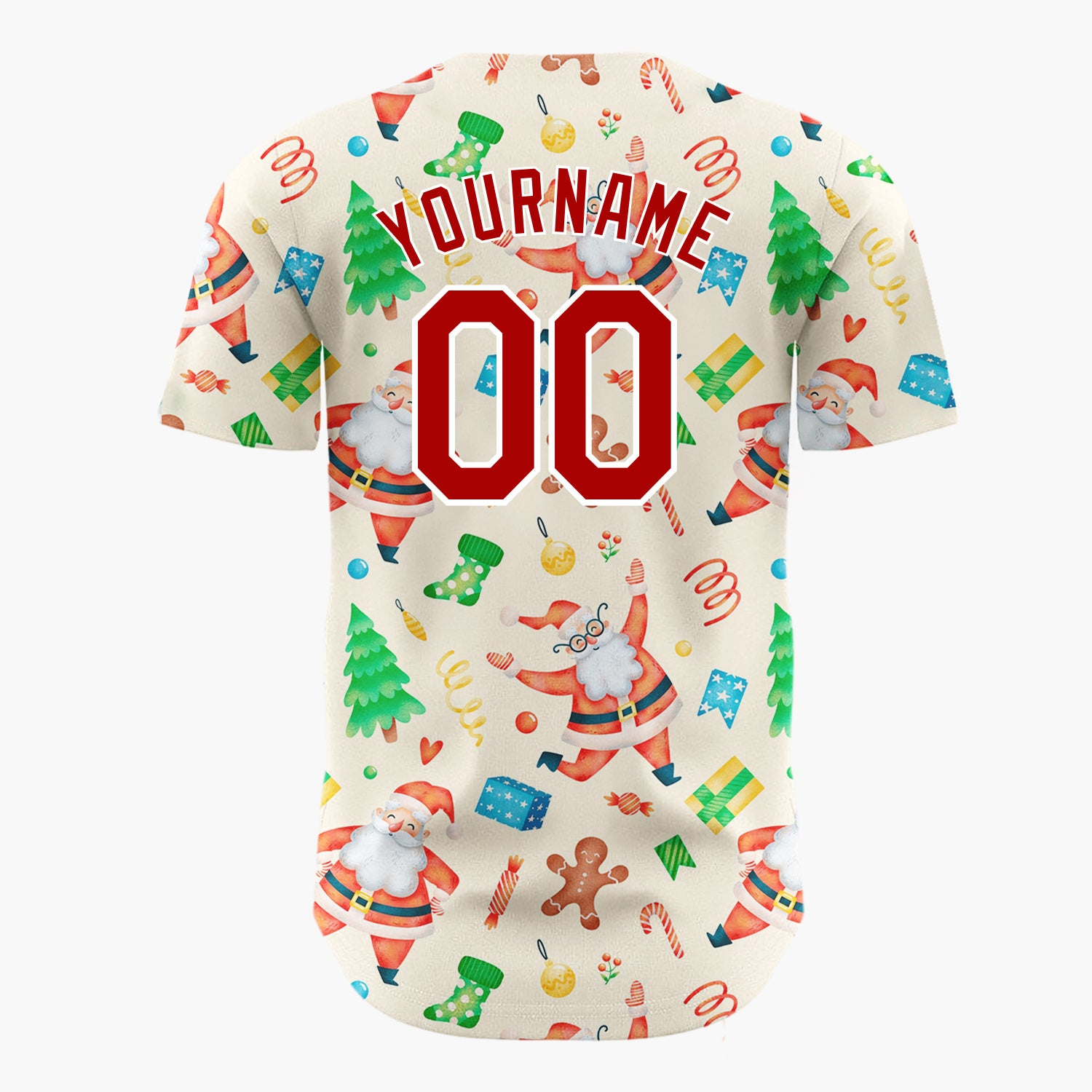 Custom Cream Santa Gingerbread And Tree Watercolor Cartoon Pattern Christmas Baseball Jersey