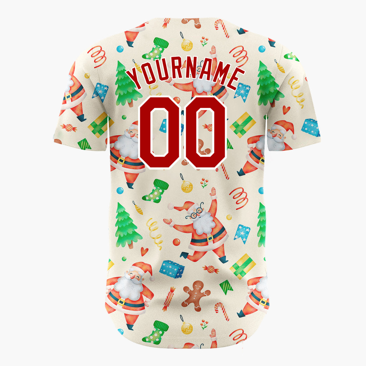 Custom Cream Santa Gingerbread And Tree Watercolor Cartoon Pattern Christmas Baseball Jersey