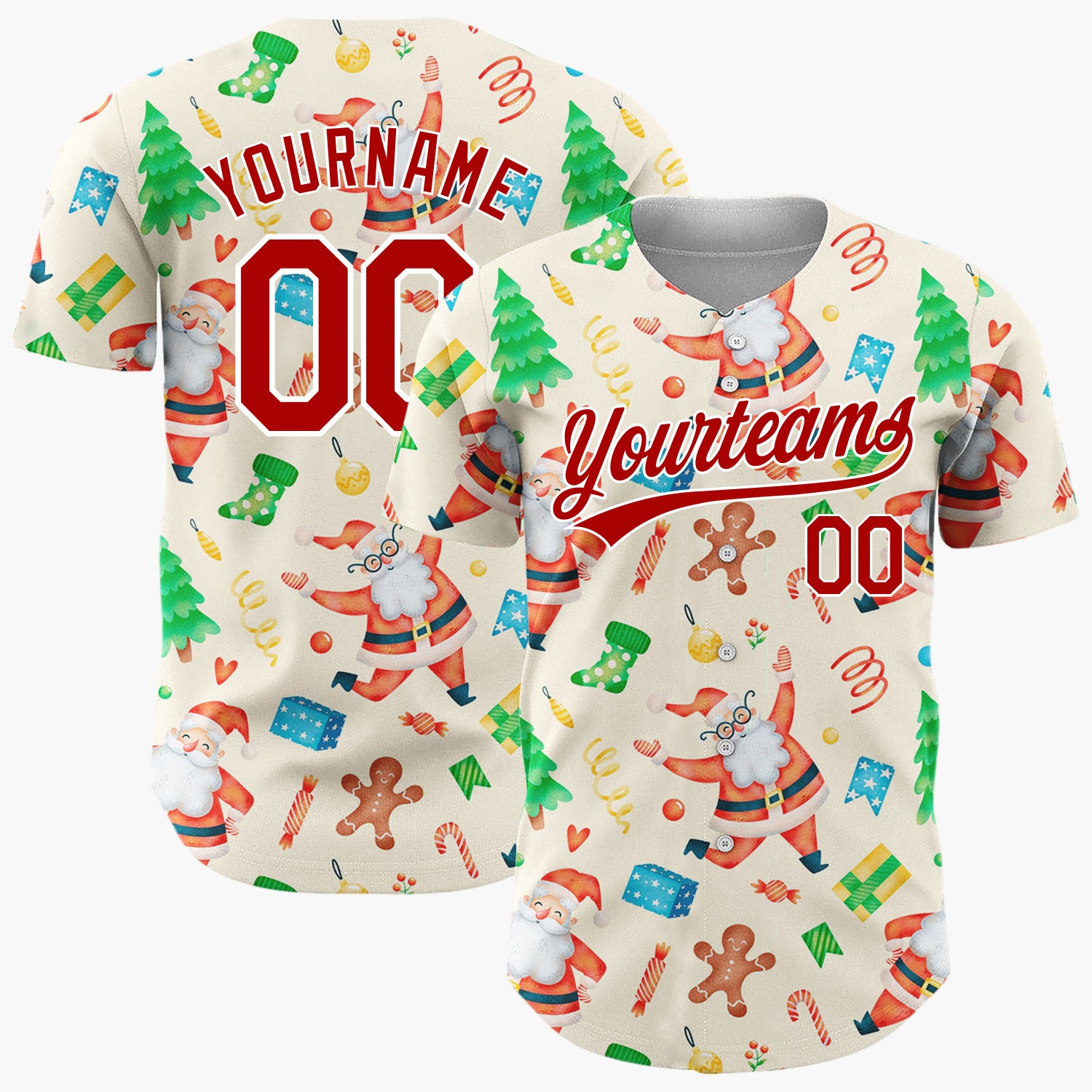 Custom Cream Santa Gingerbread And Tree Watercolor Cartoon Pattern Christmas Baseball Jersey