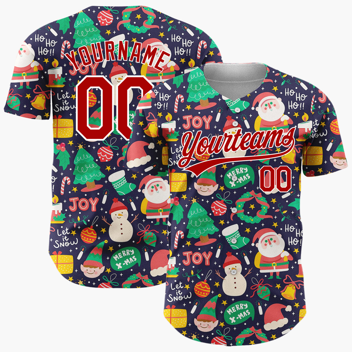 Custom Dark Blue Christmas Joy Doodles Cartoon Pattern Christmas Baseball Jersey