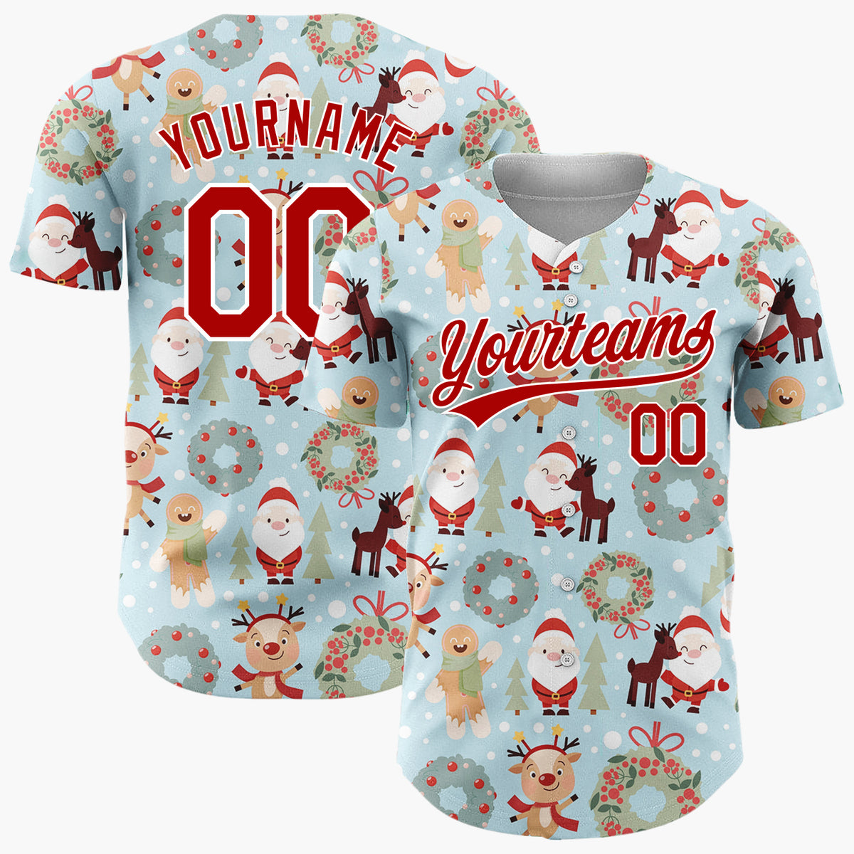 Custom Blue Santa Reindeer Wreaths Cute Cartoon Christmas Baseball Jersey