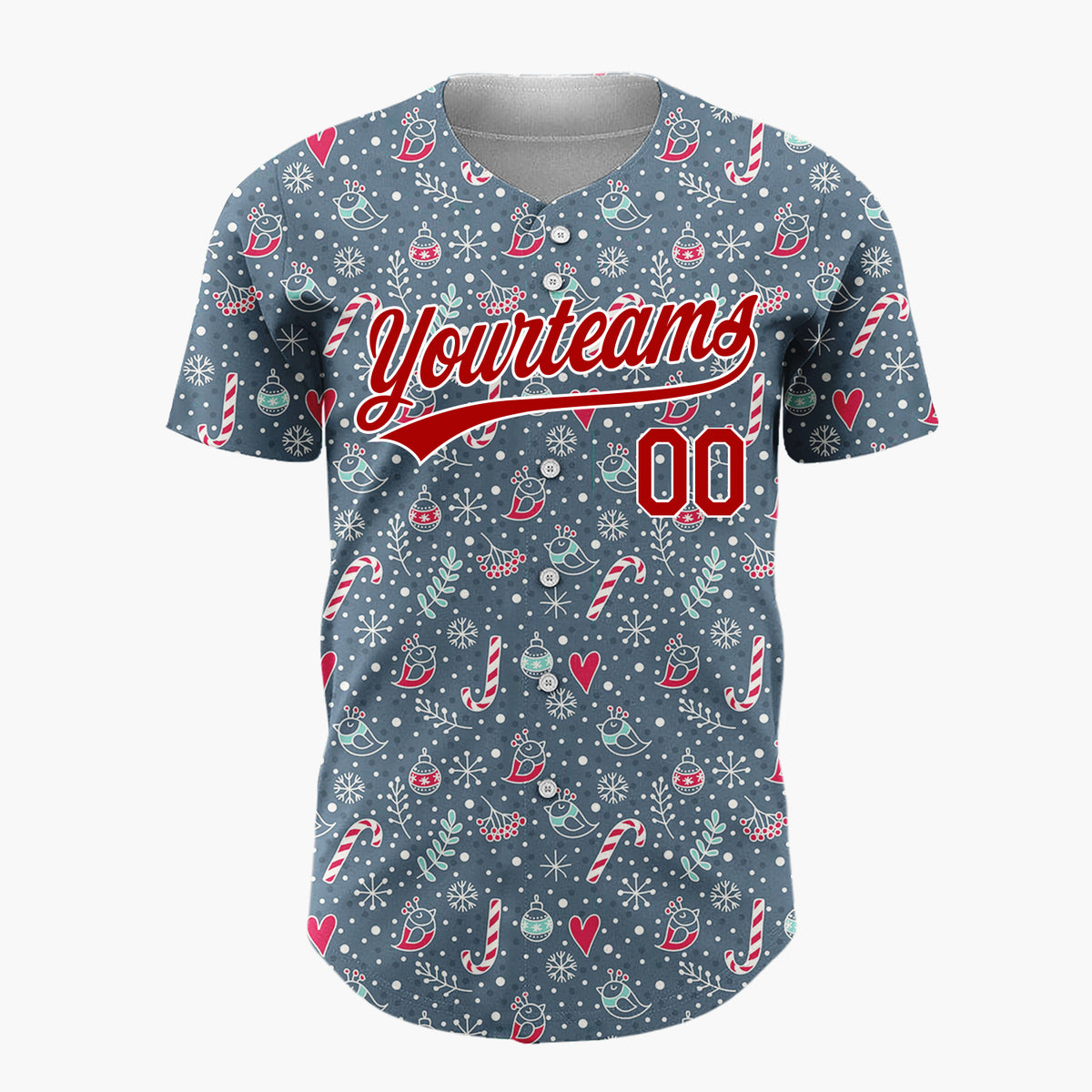 Custom Dark Blue Candy Canes Birds And Hearts Doodle Winter Pattern Christmas Baseball Jersey