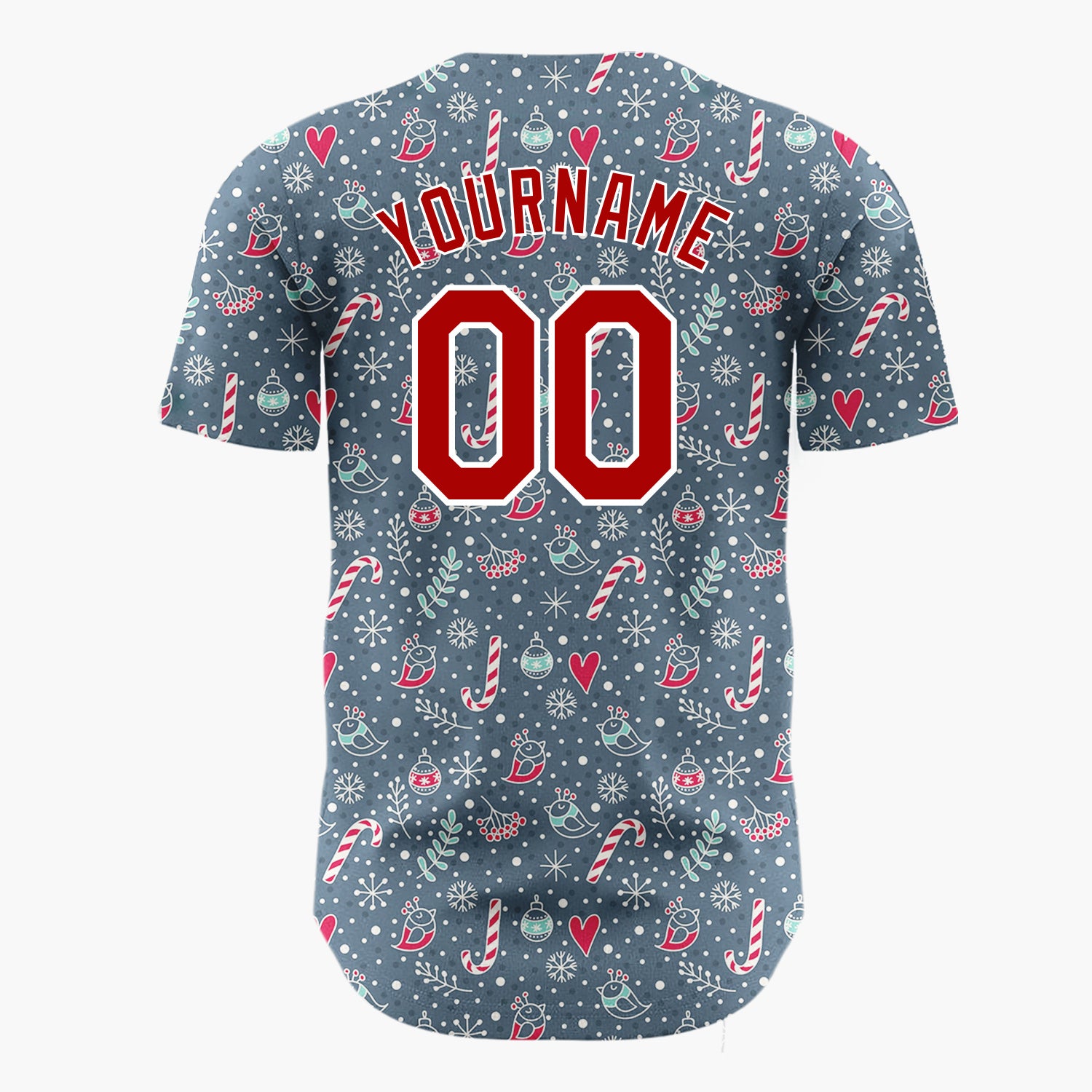Custom Dark Blue Candy Canes Birds And Hearts Doodle Winter Pattern Christmas Baseball Jersey