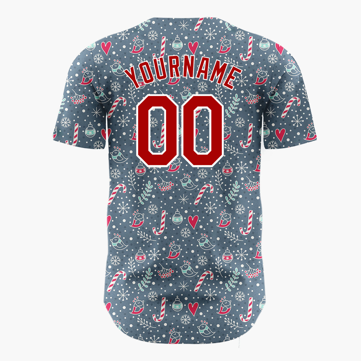 Custom Dark Blue Candy Canes Birds And Hearts Doodle Winter Pattern Christmas Baseball Jersey