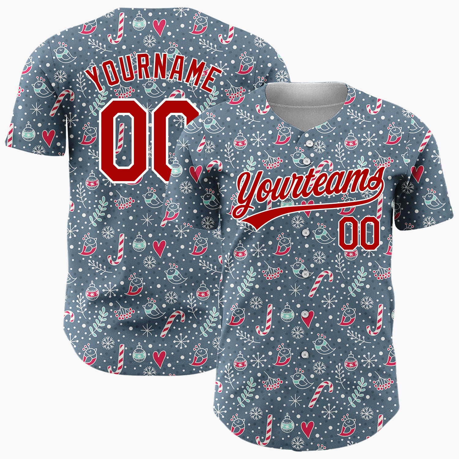 Custom Dark Blue Candy Canes Birds And Hearts Doodle Winter Pattern Christmas Baseball Jersey