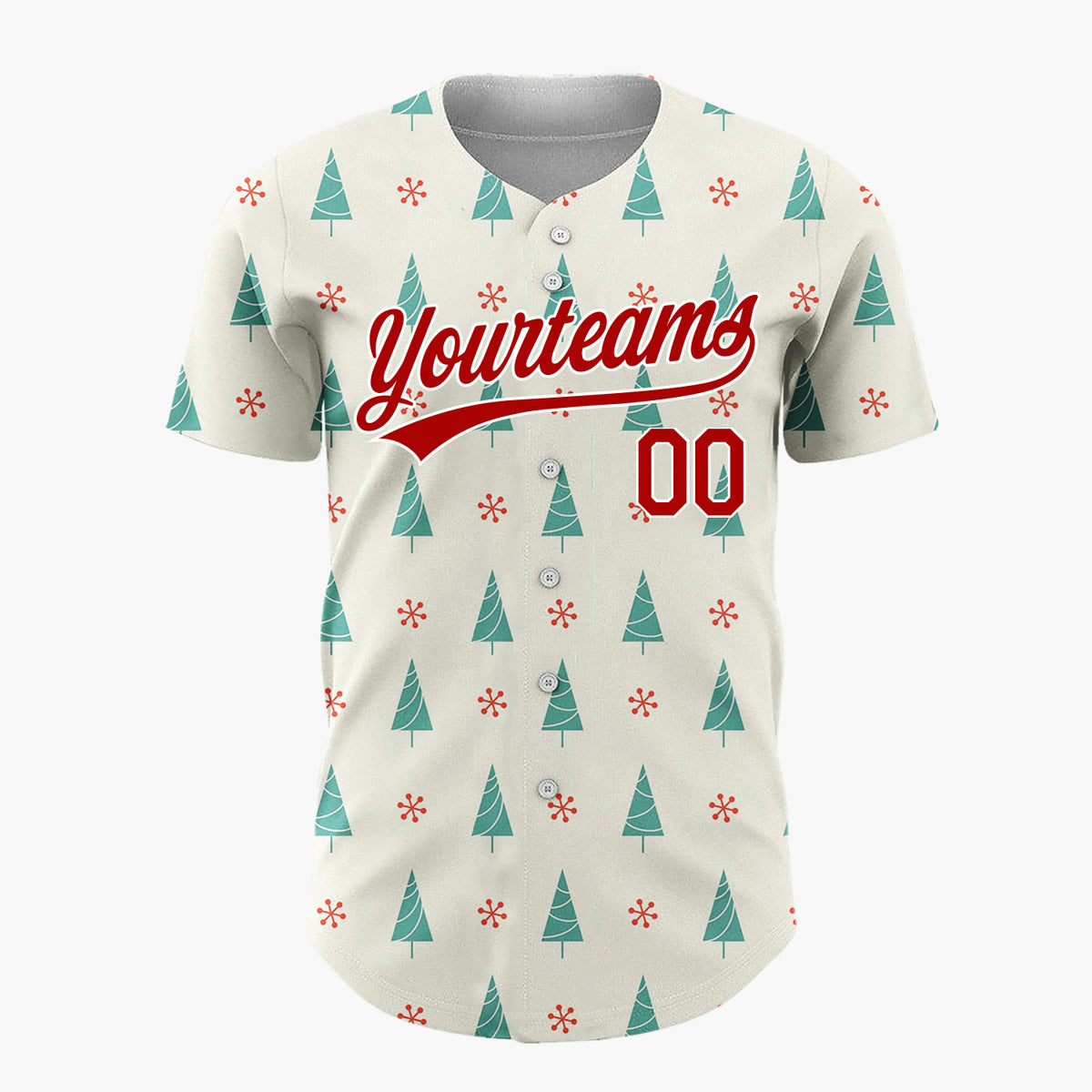 Custom Cream Teal Trees Red Snowflakes Mid Century Modern Christmas Baseball Jersey