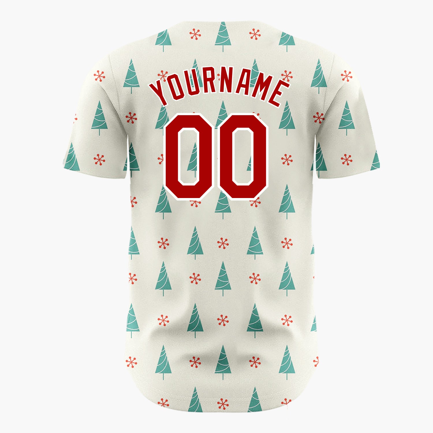 Custom Cream Teal Trees Red Snowflakes Mid Century Modern Christmas Baseball Jersey