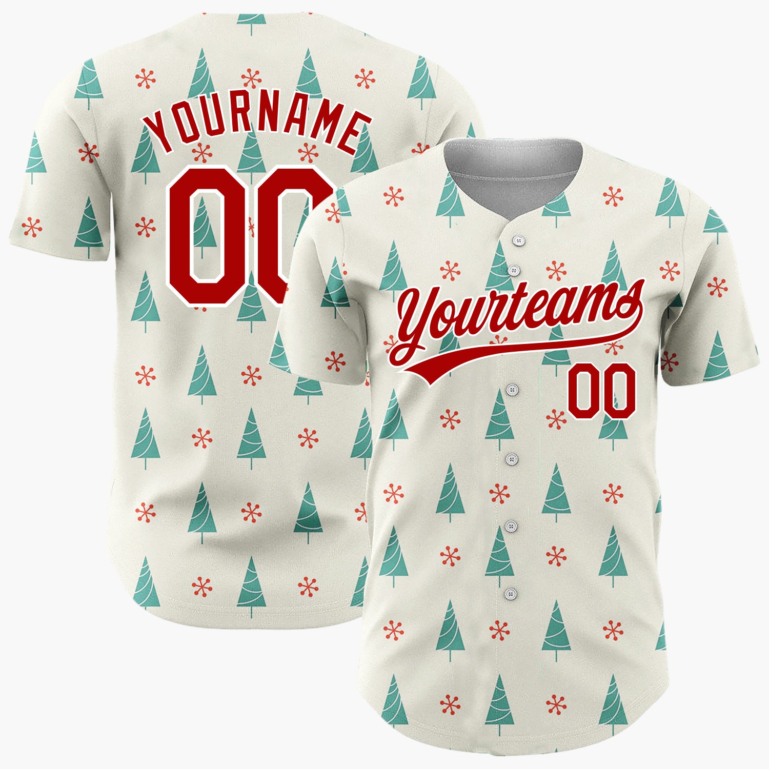 Custom Cream Teal Trees Red Snowflakes Mid Century Modern Christmas Baseball Jersey