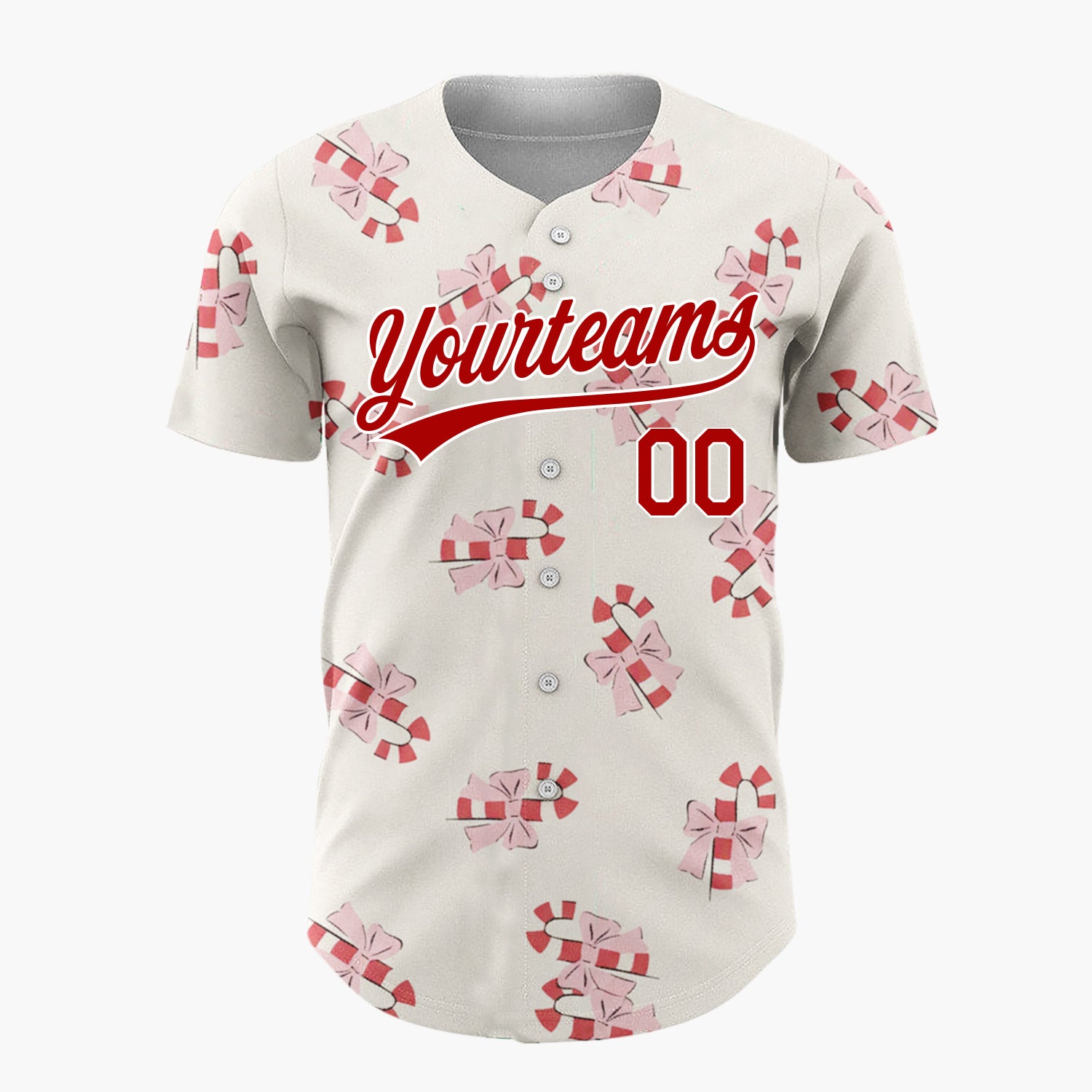 Custom Cream Pink Candy Canes With Bows Sweet Christmas Baseball Jersey