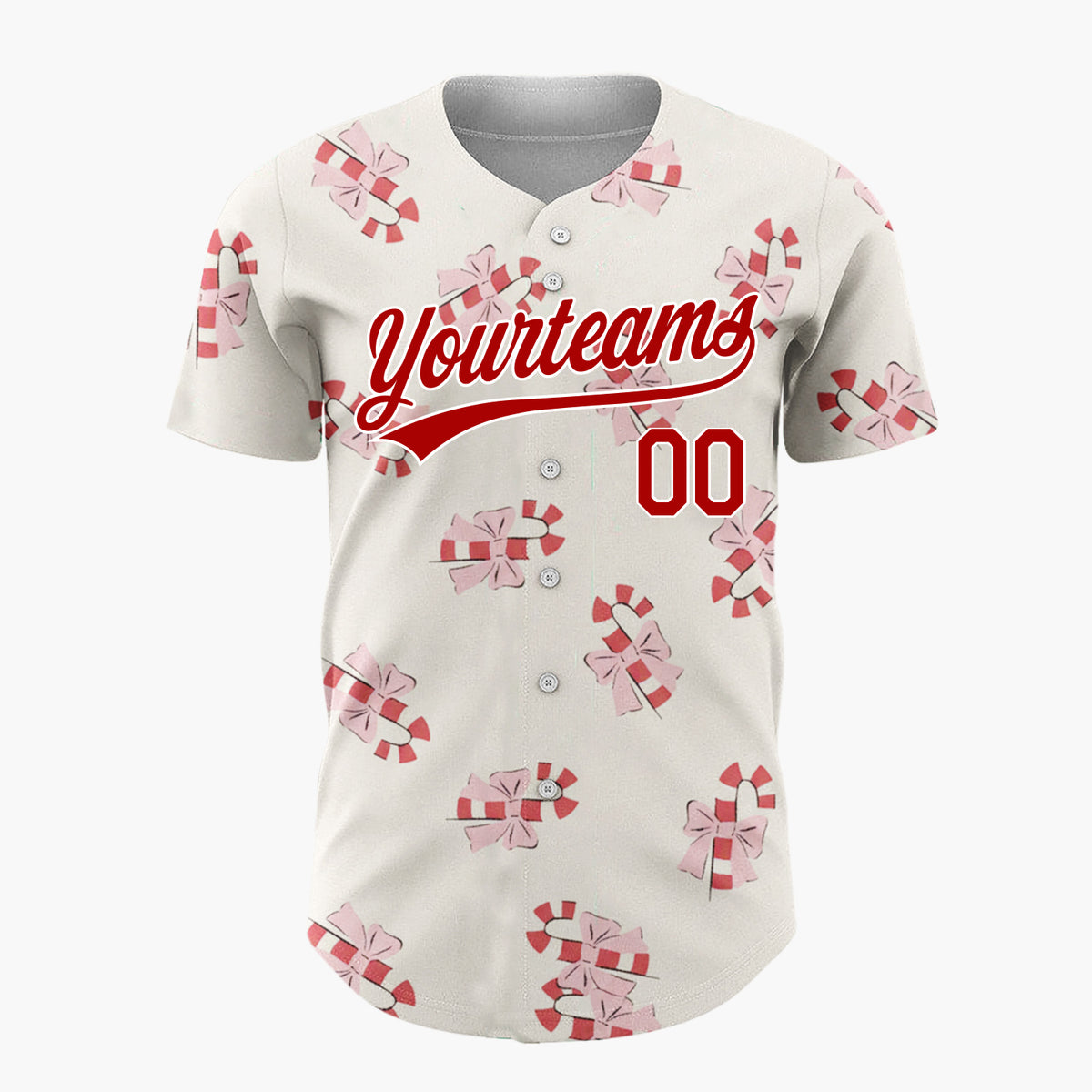 Custom Cream Pink Candy Canes With Bows Sweet Christmas Baseball Jersey