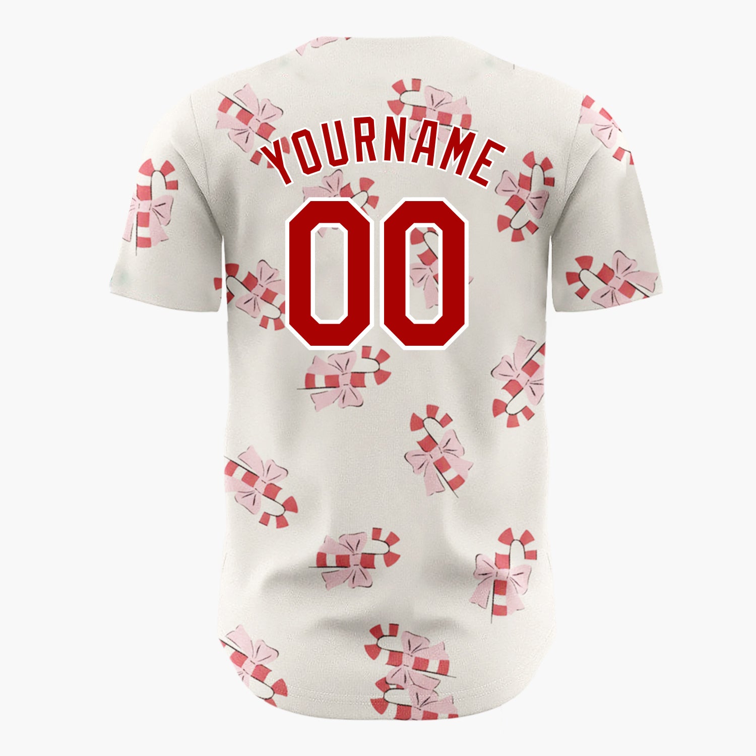 Custom Cream Pink Candy Canes With Bows Sweet Christmas Baseball Jersey