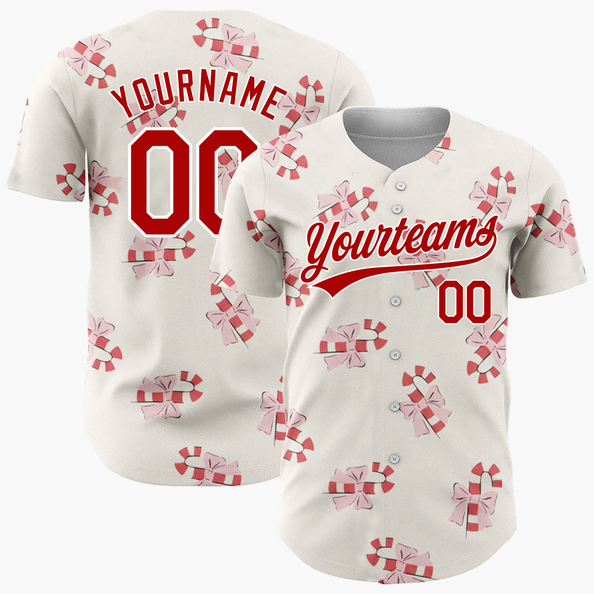 Custom Cream Pink Candy Canes With Bows Sweet Christmas Baseball Jersey