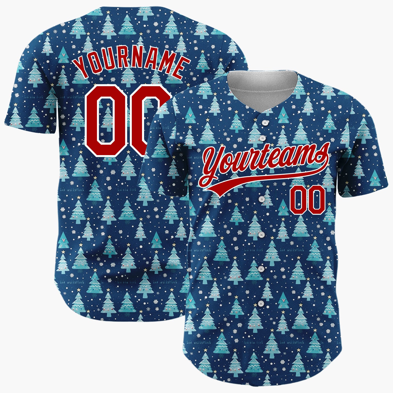Custom Dark Blue Christmas Trees Snowflakes Cartoon Pattern Christmas Baseball Jersey