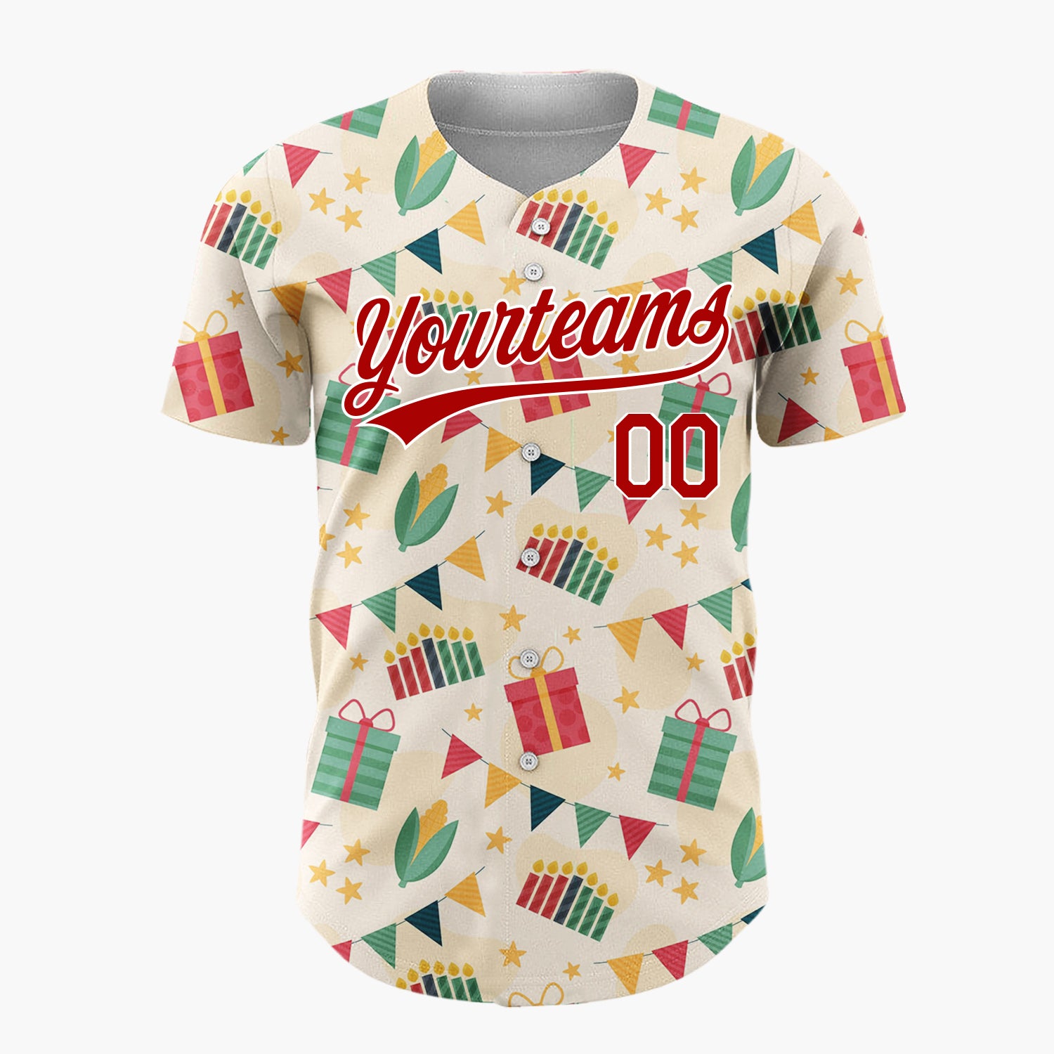 Custom Cream Red Gifts Candles And Banners Festive Celebration Pattern Christmas Baseball Jersey
