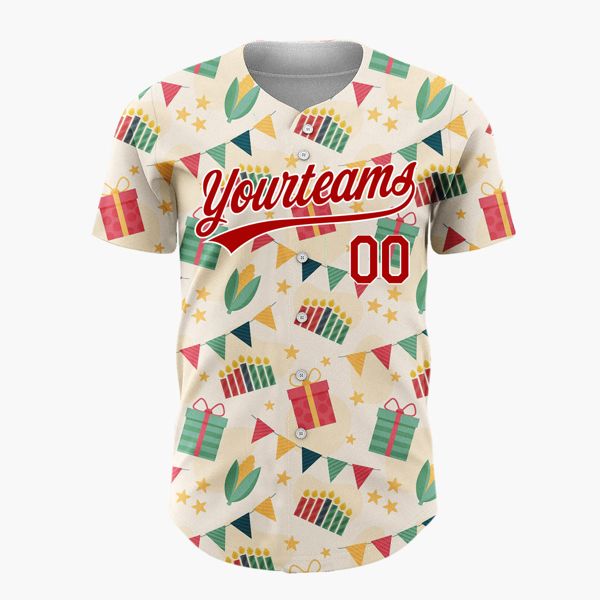 Custom Cream Red Gifts Candles And Banners Festive Celebration Pattern Christmas Baseball Jersey