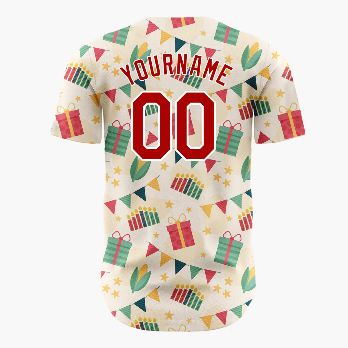 Custom Cream Red Gifts Candles And Banners Festive Celebration Pattern Christmas Baseball Jersey