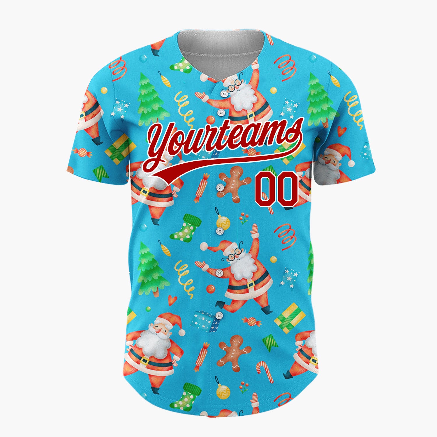 Custom Blue Santa Gingerbread Tree Watercolor Cartoon Pattern Christmas Baseball Jersey