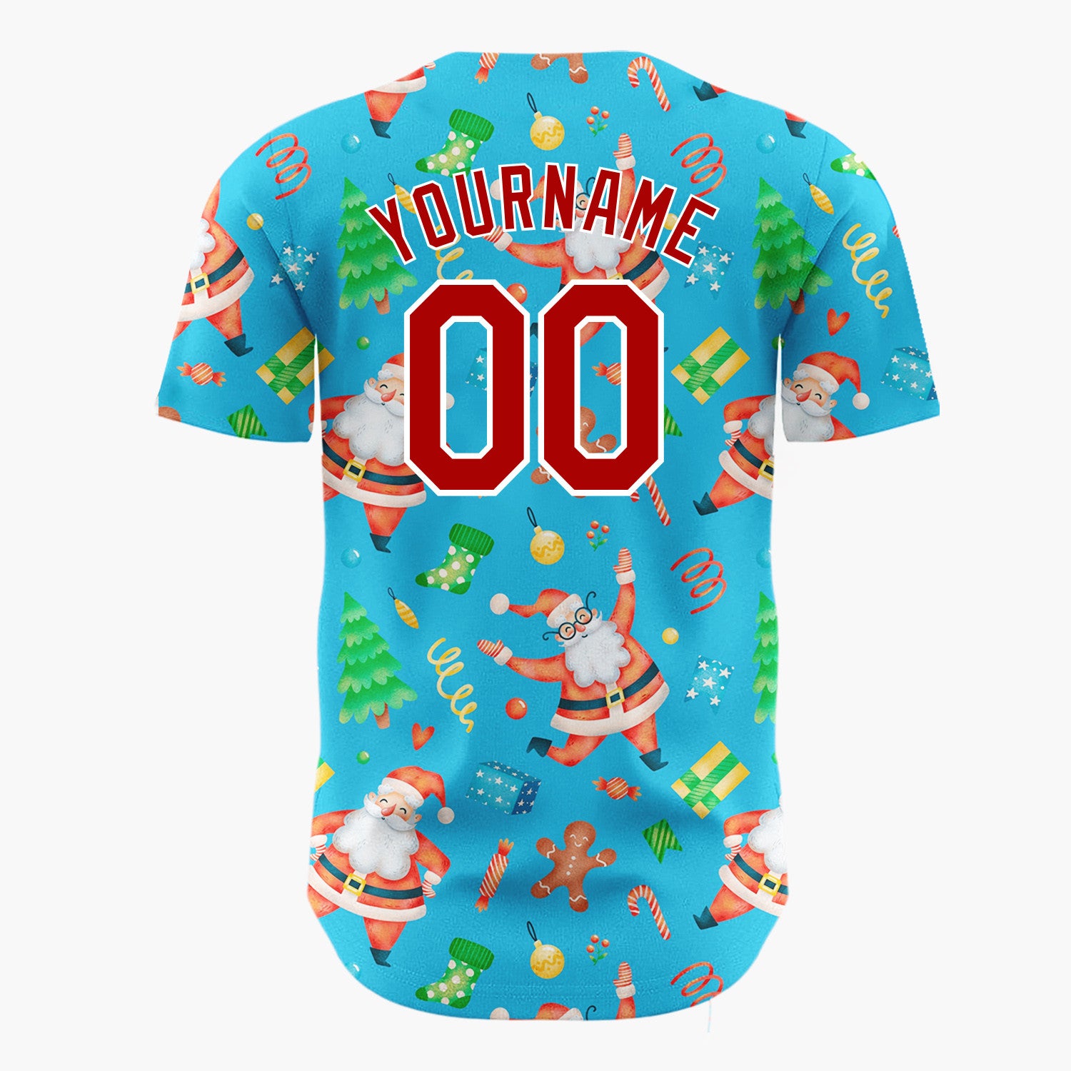 Custom Blue Santa Gingerbread Tree Watercolor Cartoon Pattern Christmas Baseball Jersey