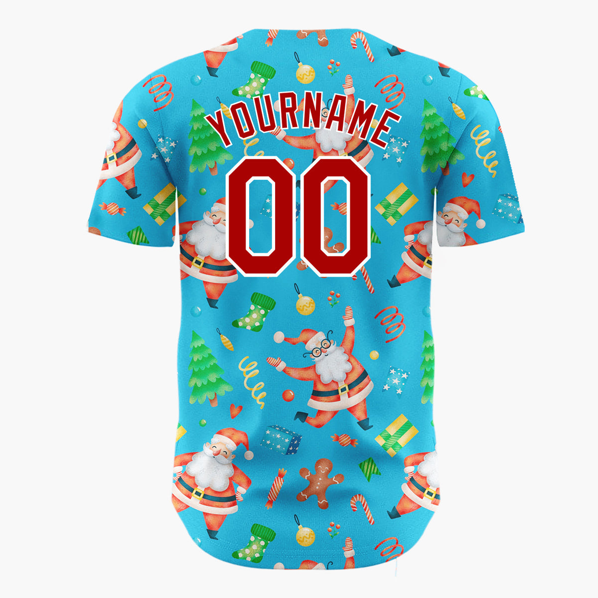 Custom Blue Santa Gingerbread Tree Watercolor Cartoon Pattern Christmas Baseball Jersey