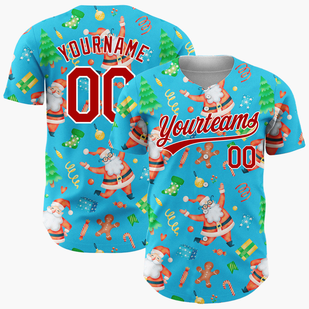 Custom Blue Santa Gingerbread Tree Watercolor Cartoon Pattern Christmas Baseball Jersey