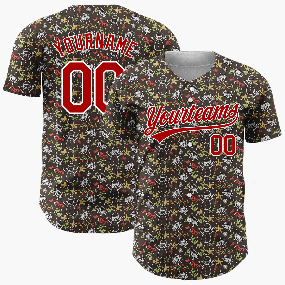 Custom Brown Christmas Foliage Subtle Cartoon Pattern Christmas Baseball Jersey