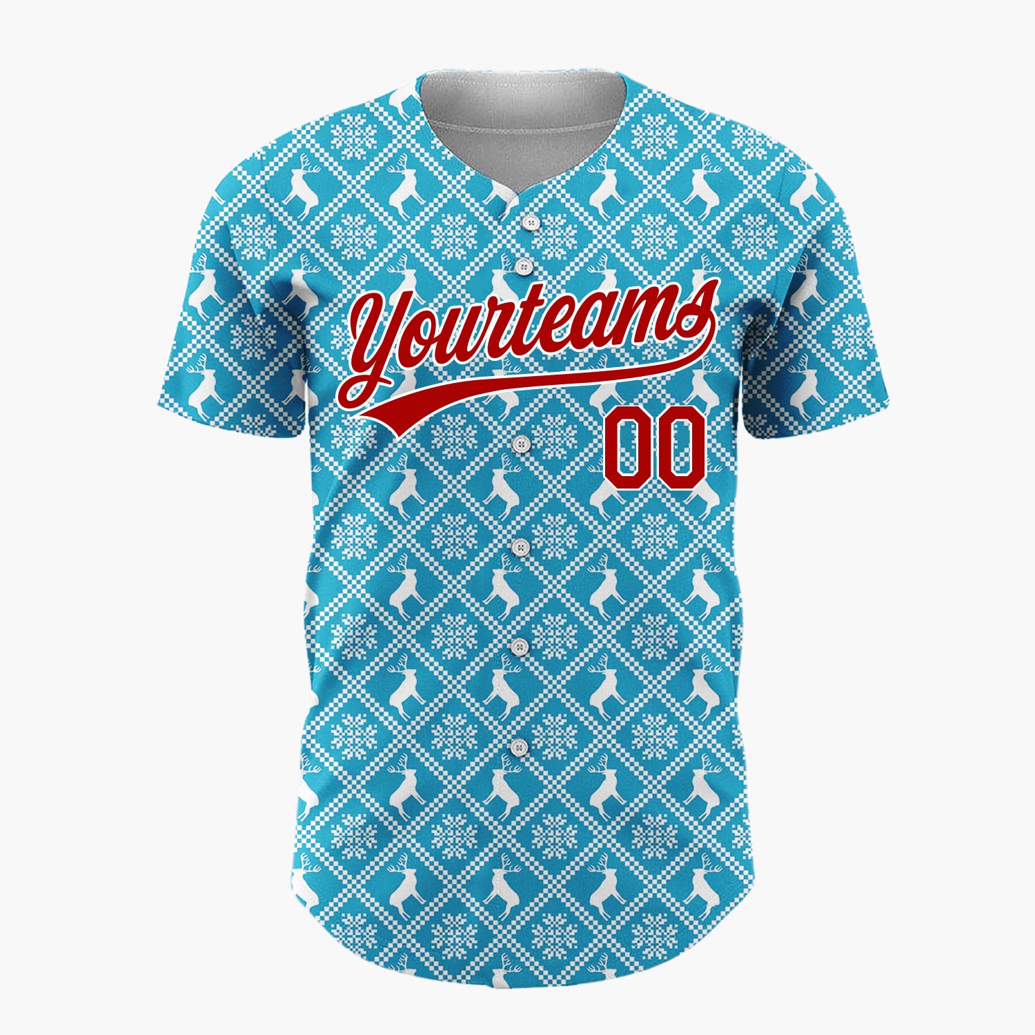 Custom Blue Reindeer and Geometric Square Nordic Fair Isle Pattern Christmas Baseball Jersey