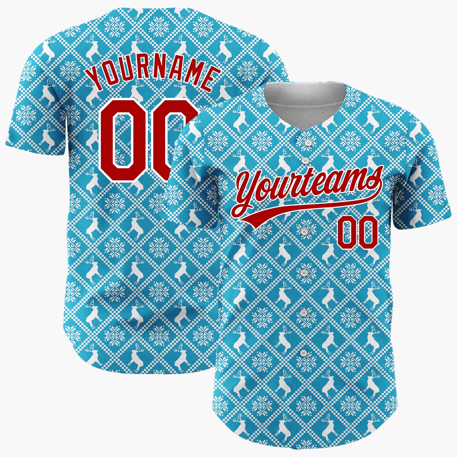 Custom Blue Reindeer and Geometric Square Nordic Fair Isle Pattern Christmas Baseball Jersey