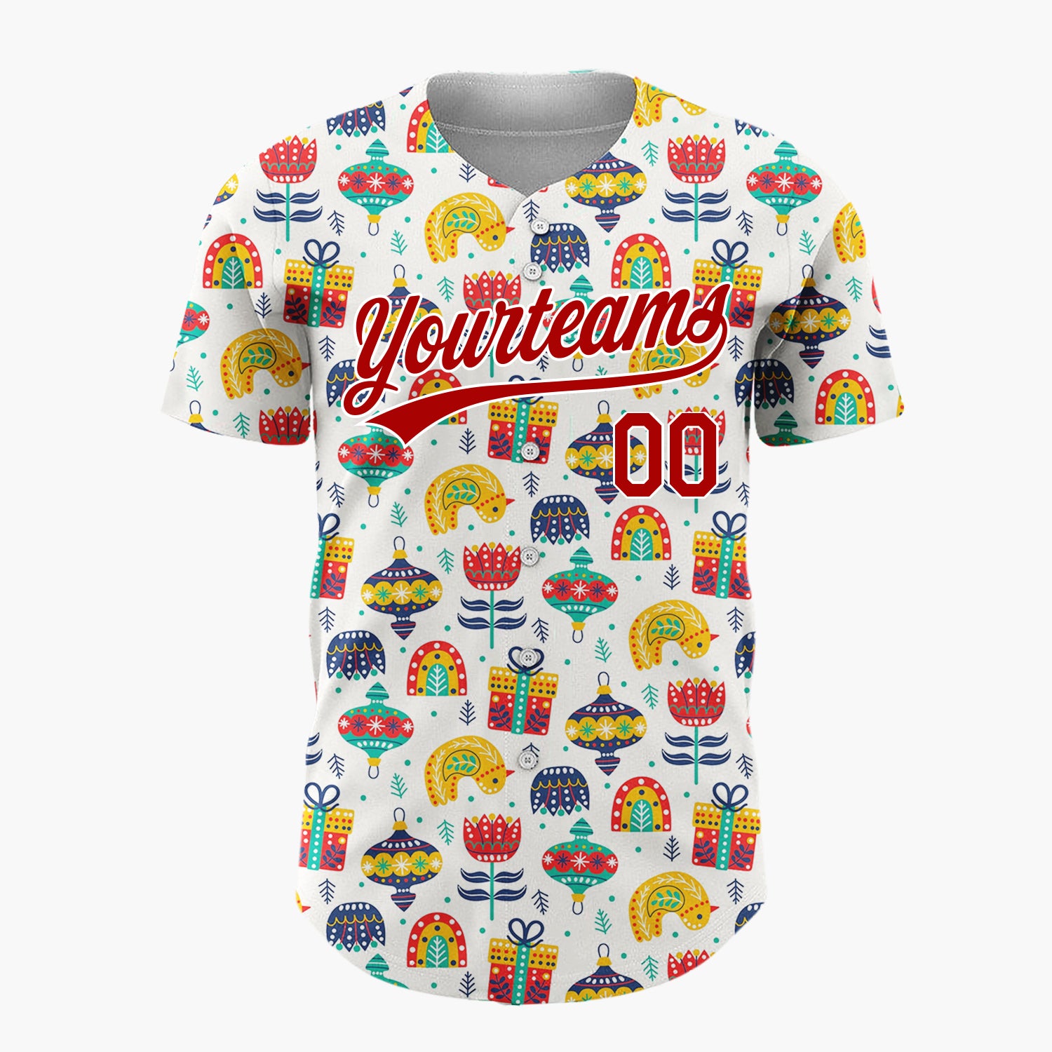 Custom Cream Red Gifts Rainbows And Flowers Whimsical Holiday Pattern Christmas Baseball Jersey