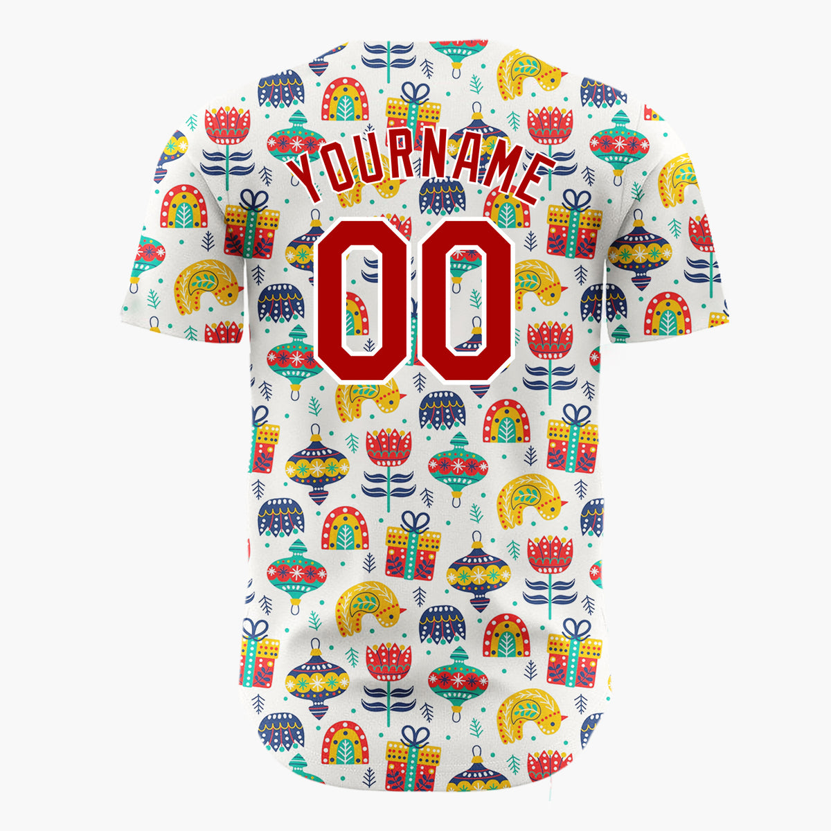 Custom Cream Red Gifts Rainbows And Flowers Whimsical Holiday Pattern Christmas Baseball Jersey