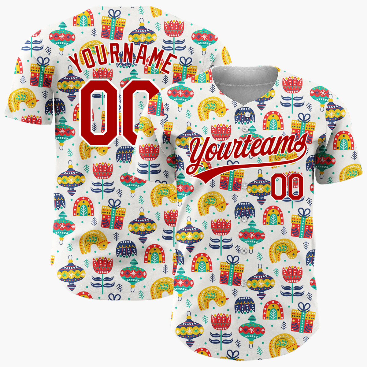 Custom Cream Red Gifts Rainbows And Flowers Whimsical Holiday Pattern Christmas Baseball Jersey