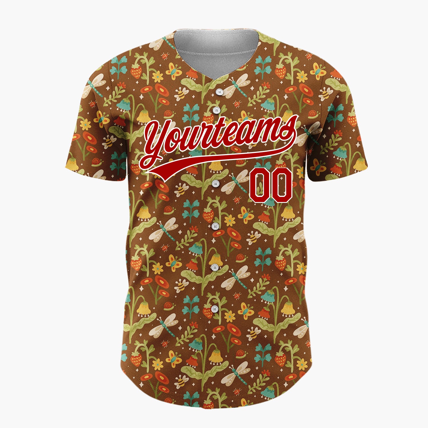 Custom Brown Green Dragonflies Flowers And Strawberries Folk Forest Pattern Christmas Baseball Jersey