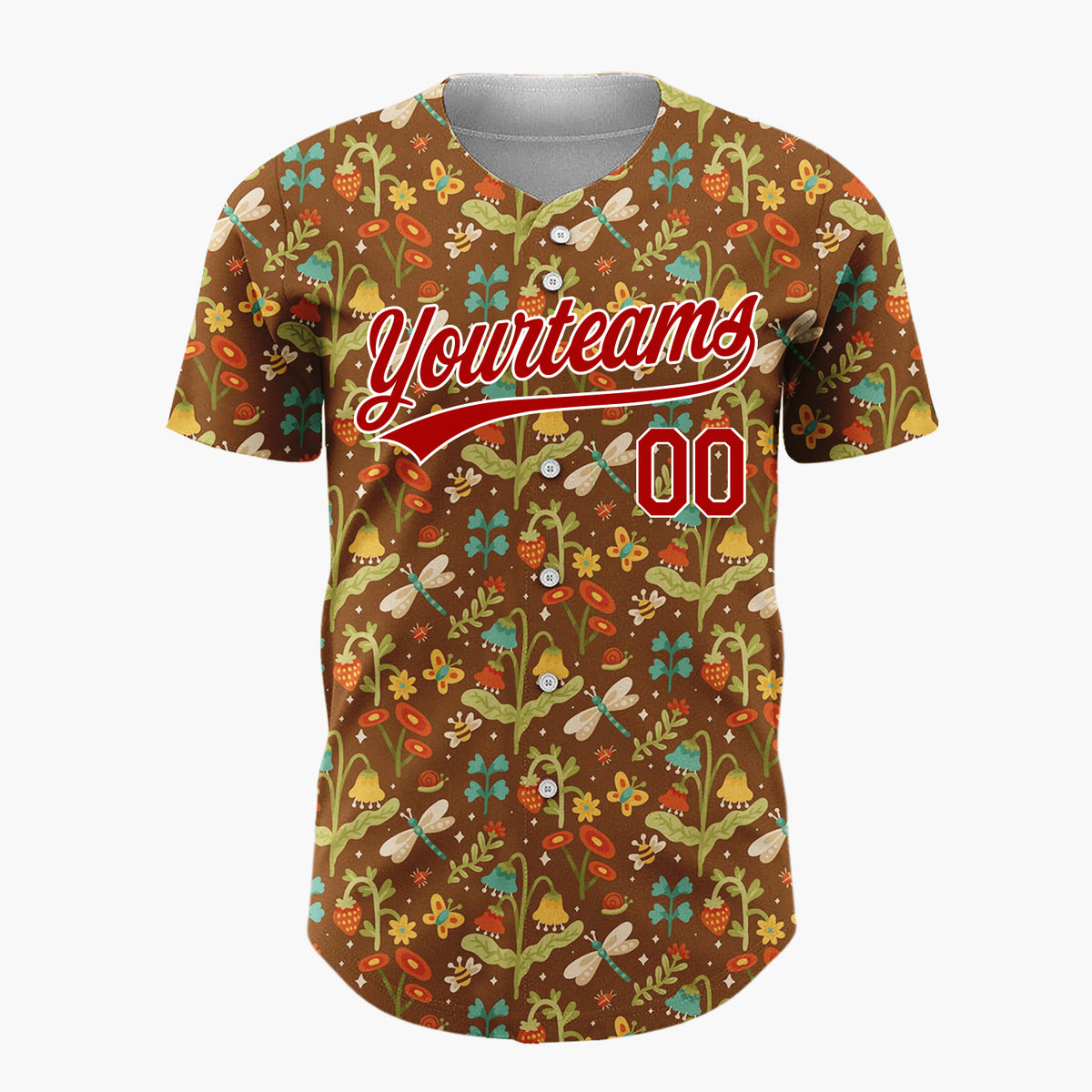 Custom Brown Green Dragonflies Flowers And Strawberries Folk Forest Pattern Christmas Baseball Jersey