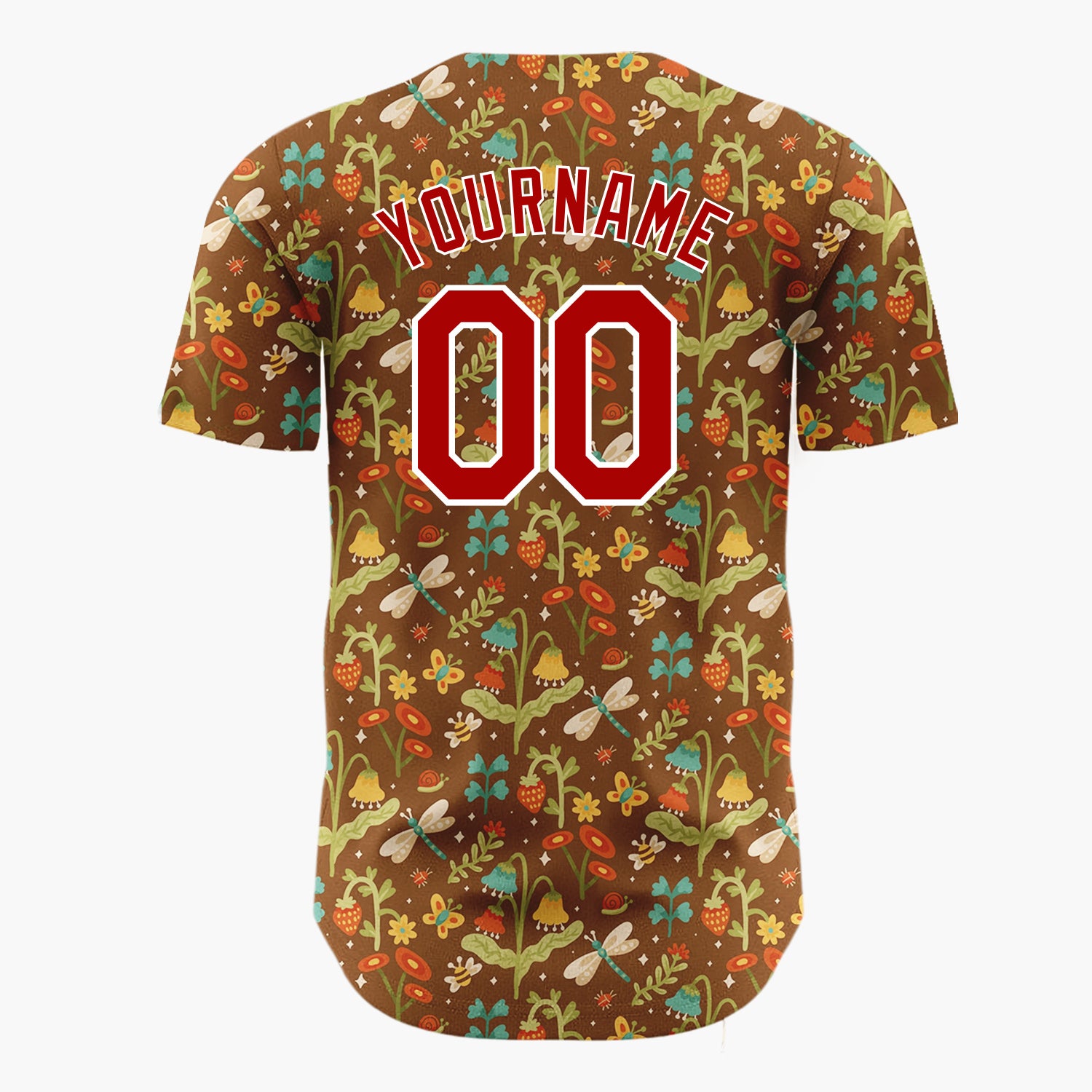 Custom Brown Green Dragonflies Flowers And Strawberries Folk Forest Pattern Christmas Baseball Jersey