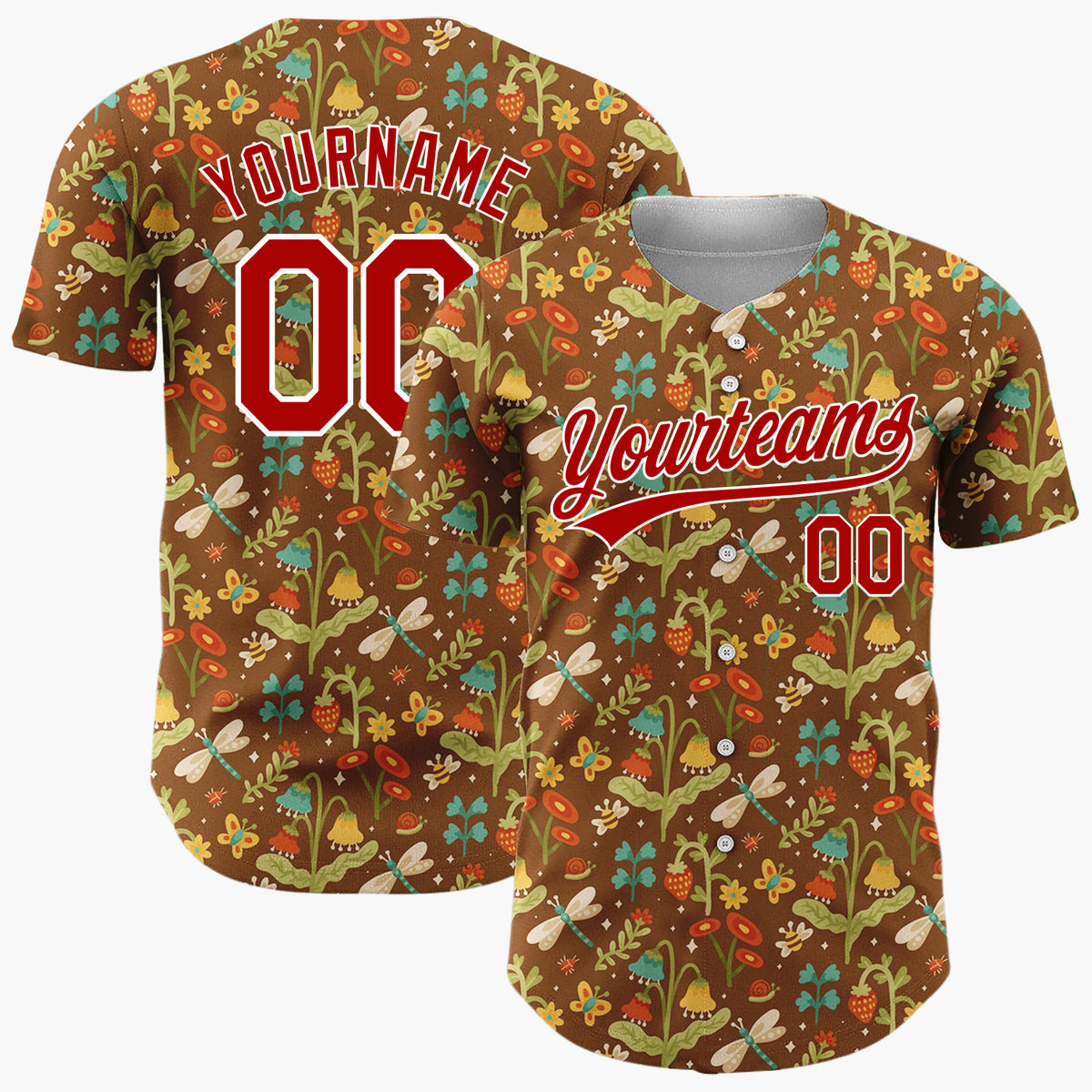 Custom Brown Green Dragonflies Flowers And Strawberries Folk Forest Pattern Christmas Baseball Jersey