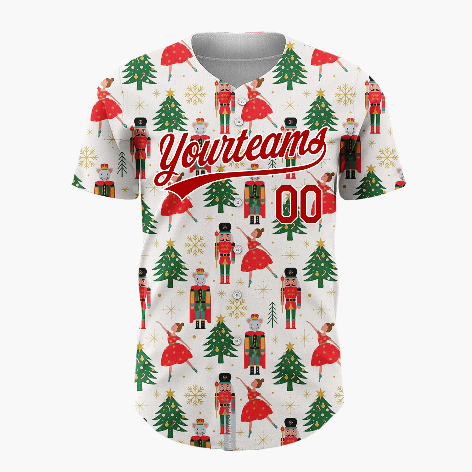 Custom Cream Nutcrackers Ballerinas Trees Festive Illustration Christmas Baseball Jersey