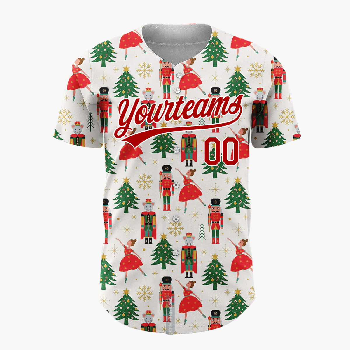 Custom Cream Nutcrackers Ballerinas Trees Festive Illustration Christmas Baseball Jersey