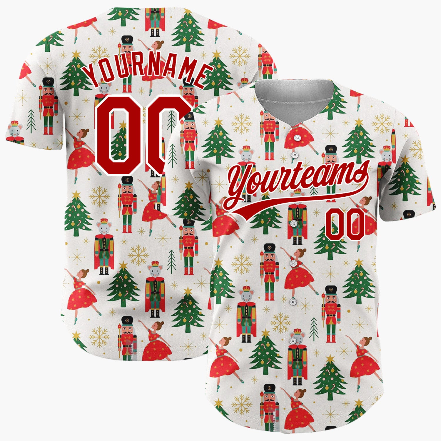Custom Cream Nutcrackers Ballerinas Trees Festive Illustration Christmas Baseball Jersey