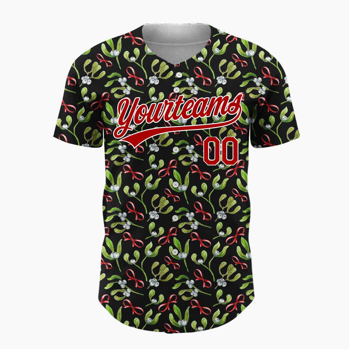Custom Black Mistletoe Bows Watercolor Christmas Baseball Jersey
